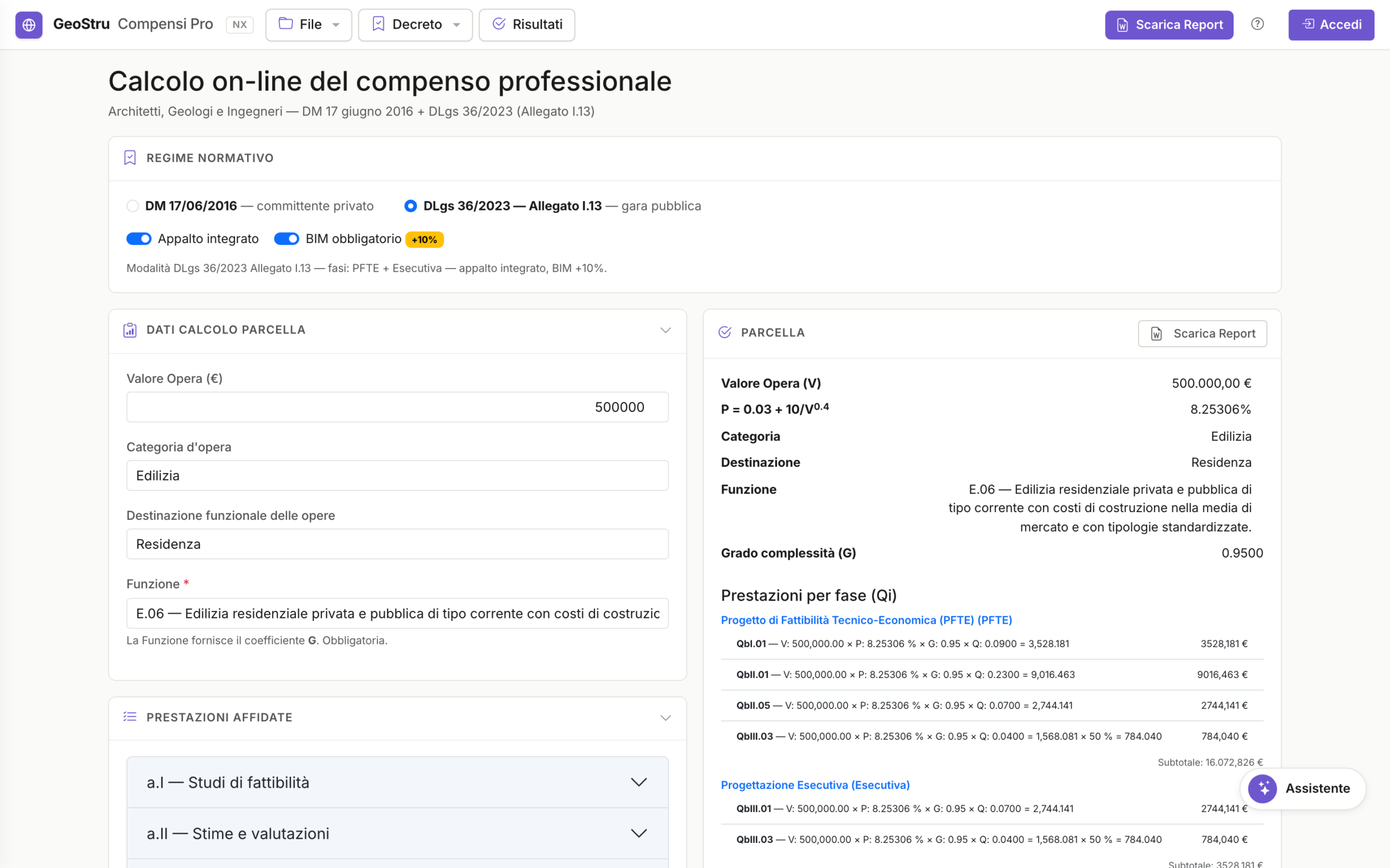 Compensi Pro app screenshot — parcella calculation for an Edilizia project under DLgs 36/2023 with appalto integrato and BIM +10%