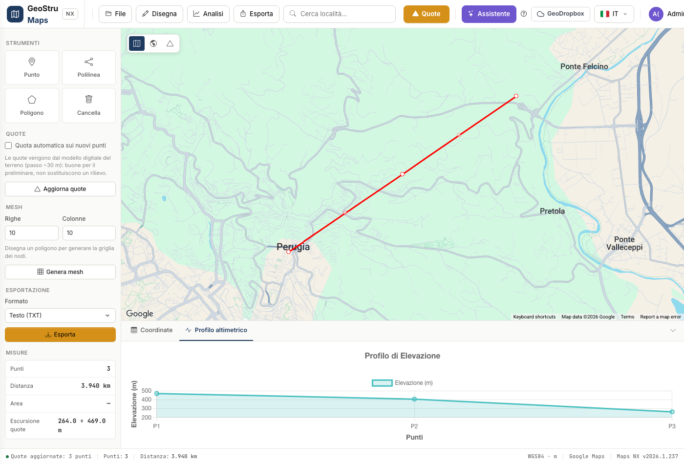 Maps NX - drawn track with coordinate table and elevation profile
